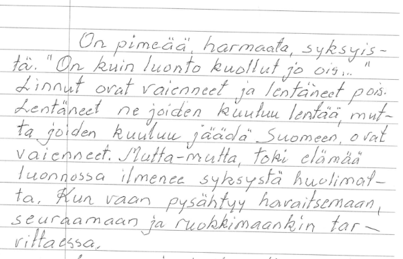 Kaisun viivalliselle paperille kirjoittamaa tekstiä.